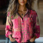 Blouse femme à imprimé ethnique, manches longues, col à revers, rose