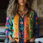 Blouse femme à imprimé ethnique, manches longues, col à revers, bleu foncé