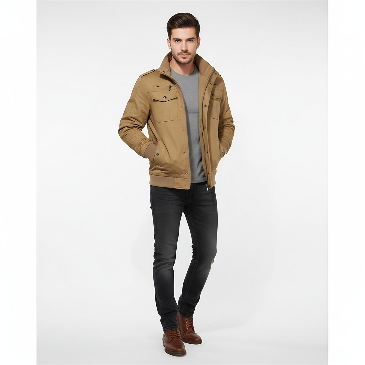 Blouson aviateur homme col montant, zip et poches poitrine