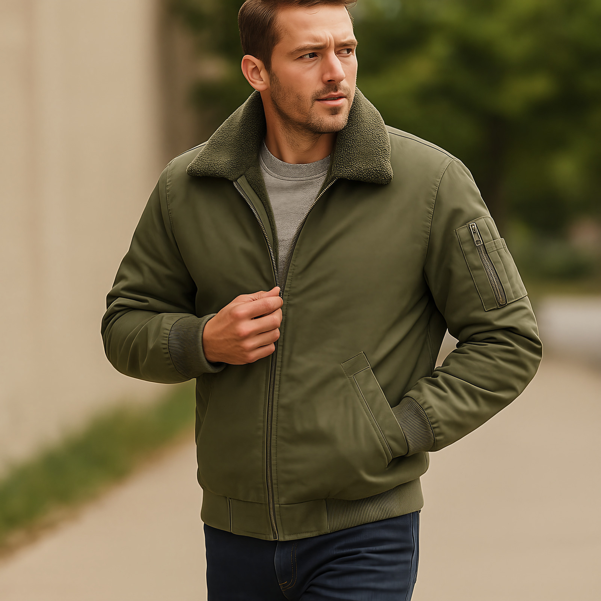 Blouson bomber homme doublé, coupe droite, trois coloris, vert