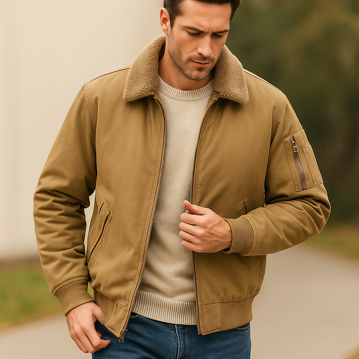 Blouson bomber homme doublé, coupe droite, trois coloris, beige