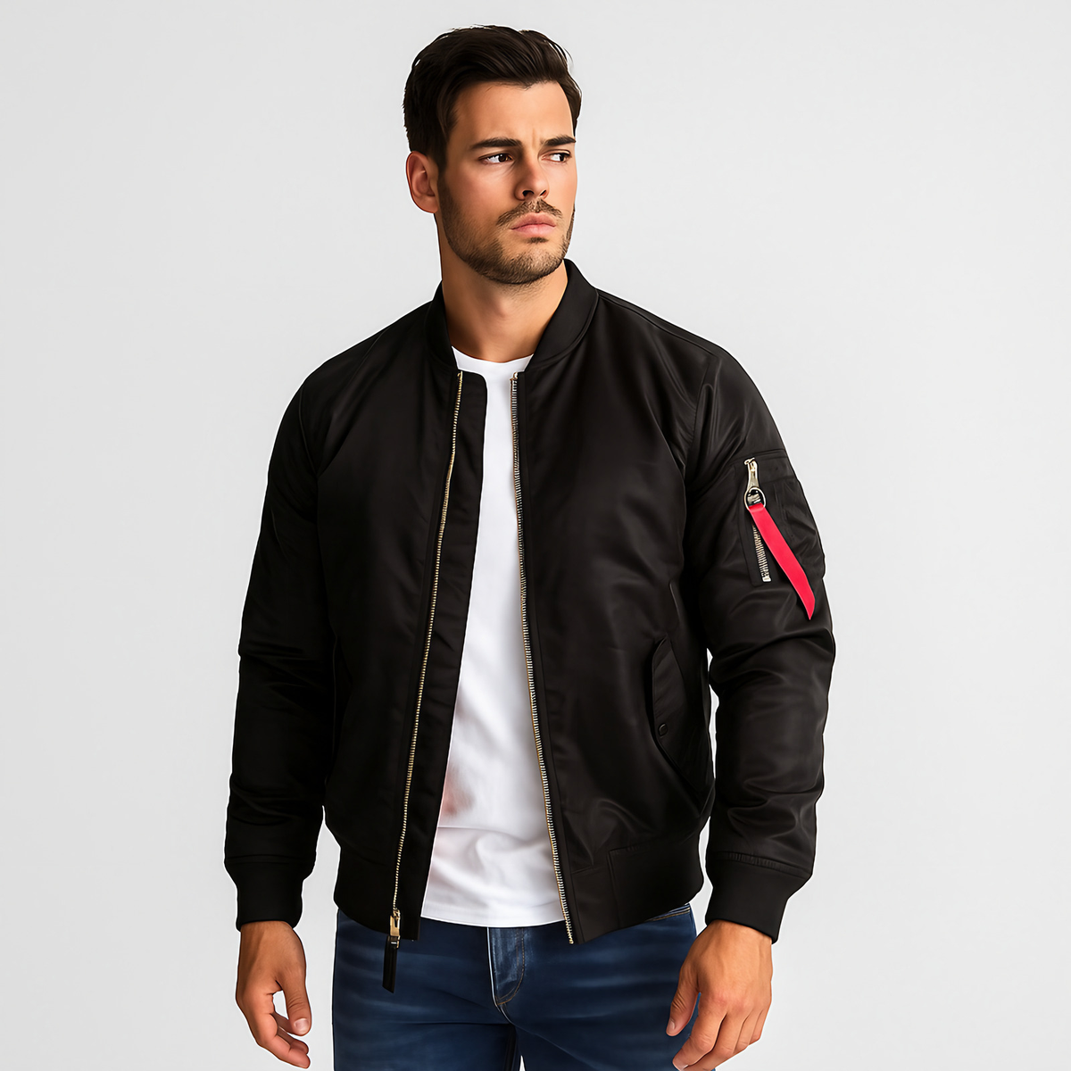 Blouson aviateur homme à manches zippées, poches latérales, noir