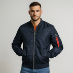 Blouson aviateur homme à manches zippées, poches latérales, bleu