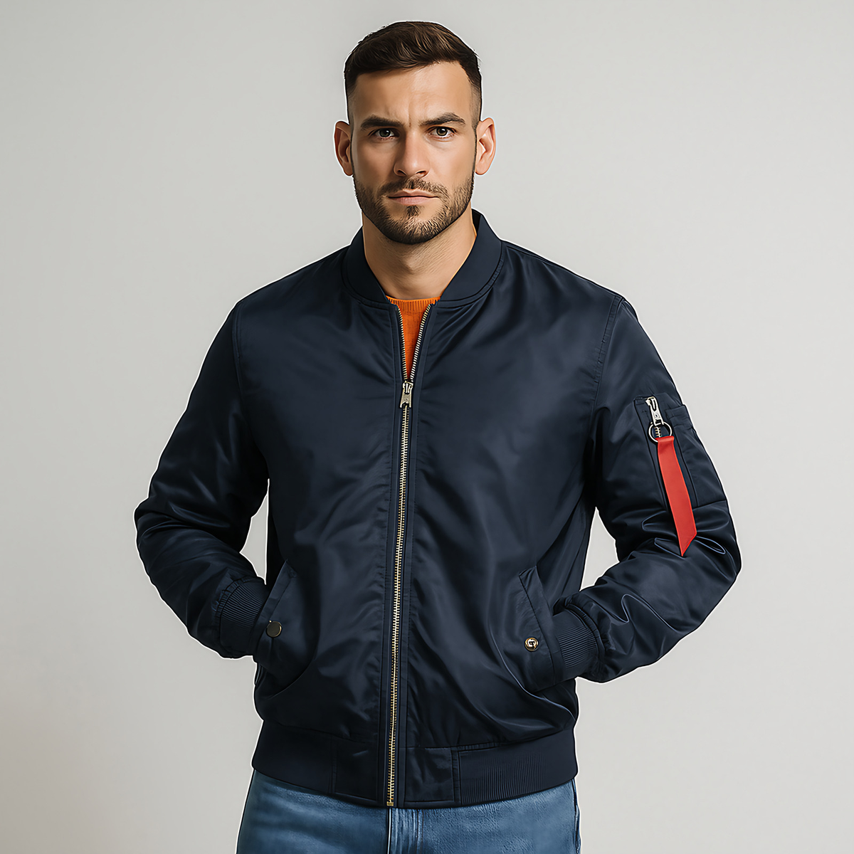 Blouson aviateur homme à manches zippées, poches latérales, bleu