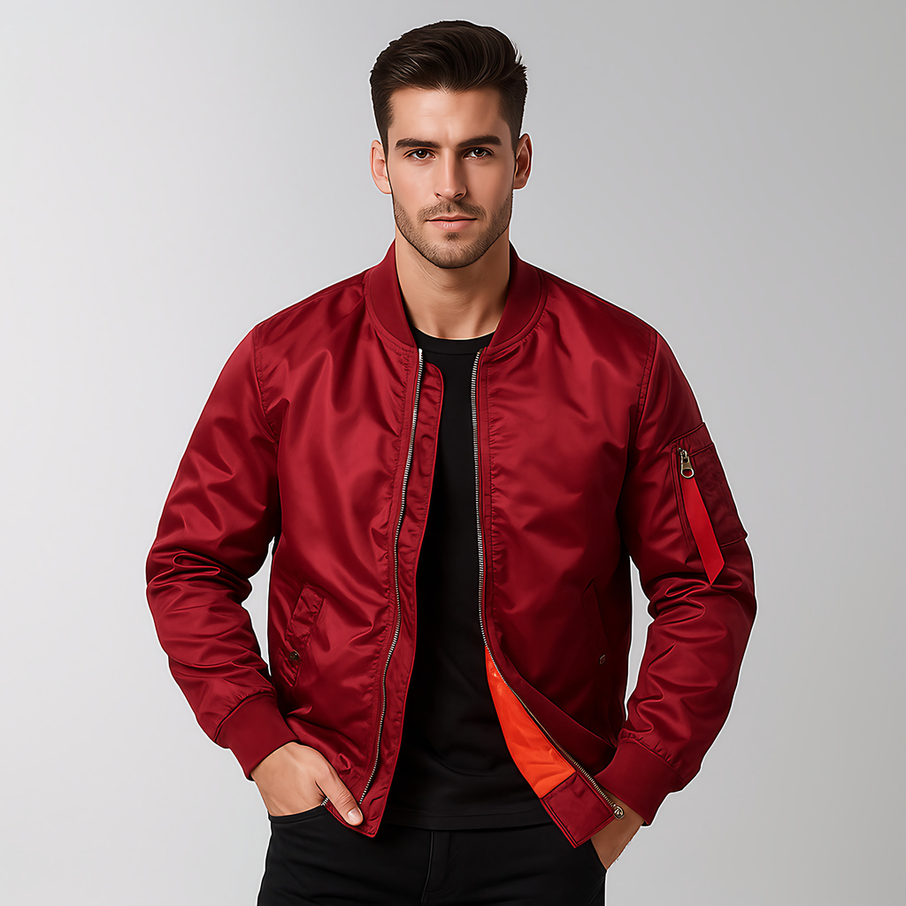 Blouson aviateur homme à manches zippées, poches latérales, rouge