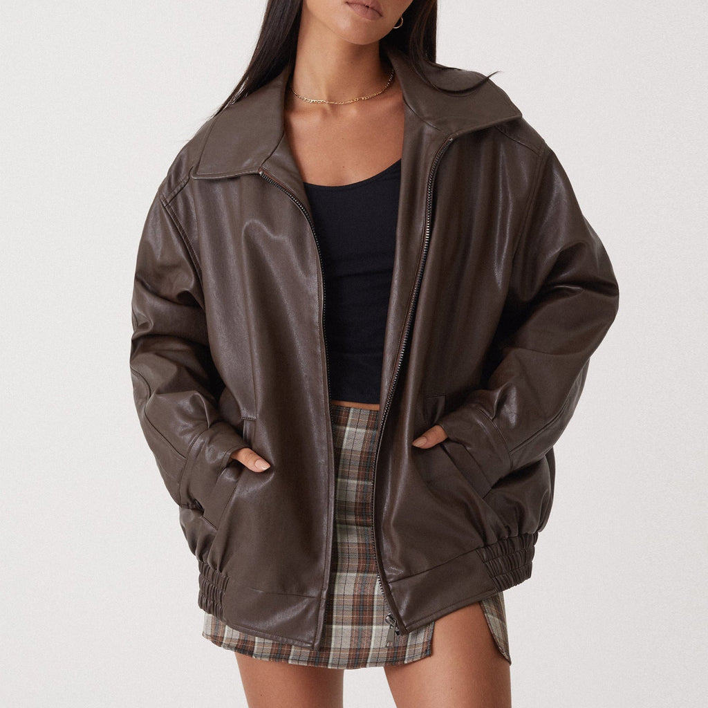 Blouson motard femme à zip asymétrique, poches zippées, S au 2XL, marron