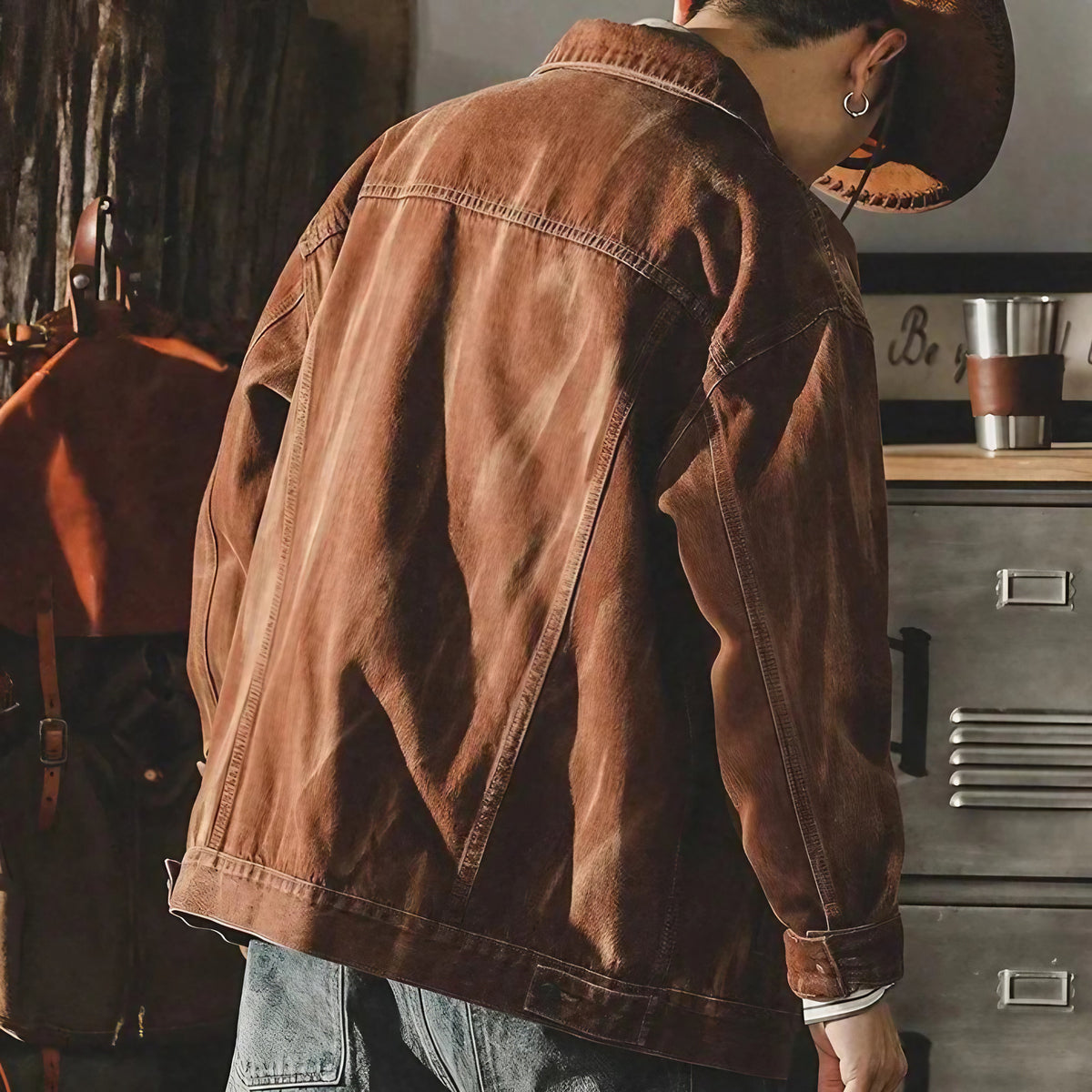 Blouson en jean homme marron, col rabattu, du M au 5XL