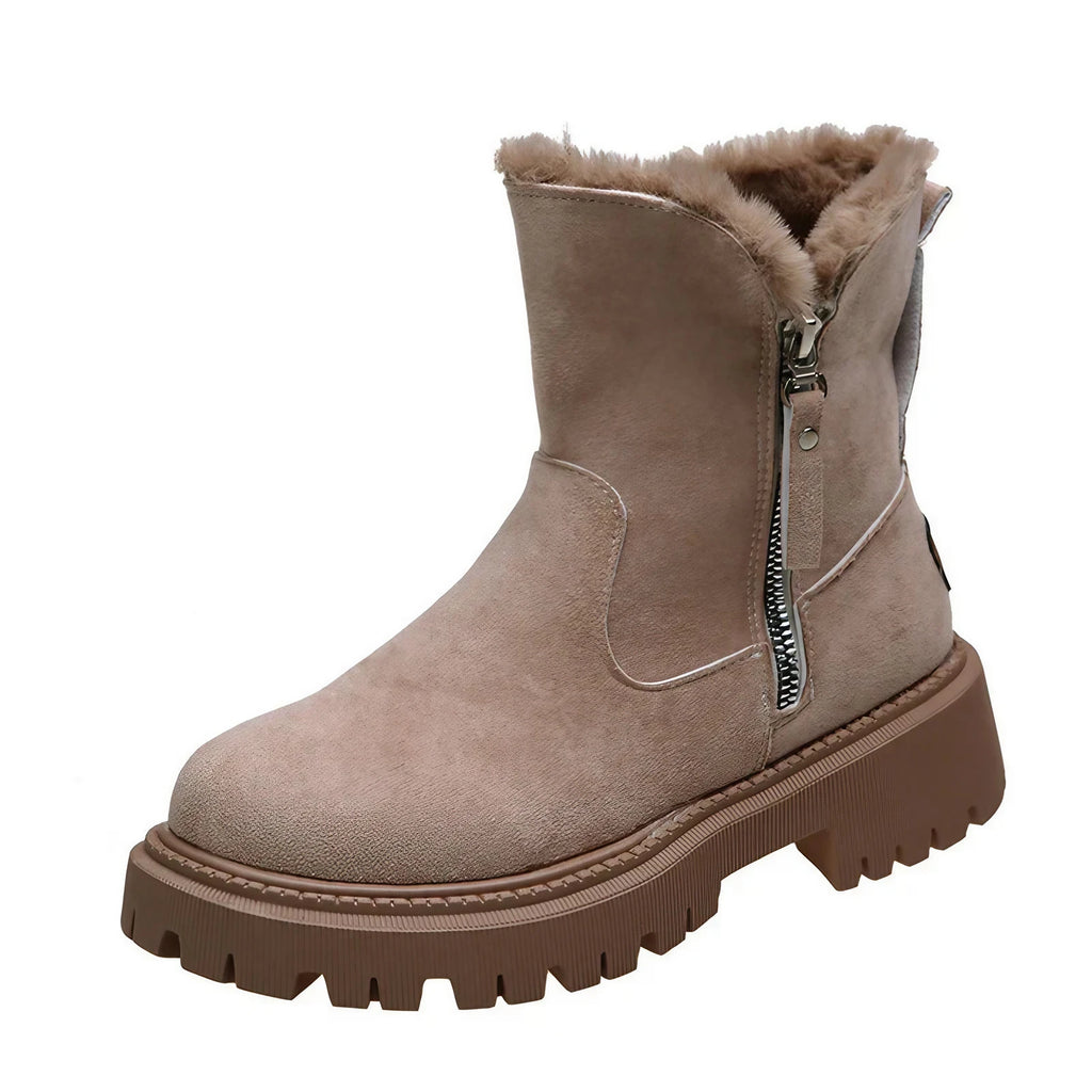 Bottes d'hiver femme en suédine, doublure fourrée, zip latéral, marron