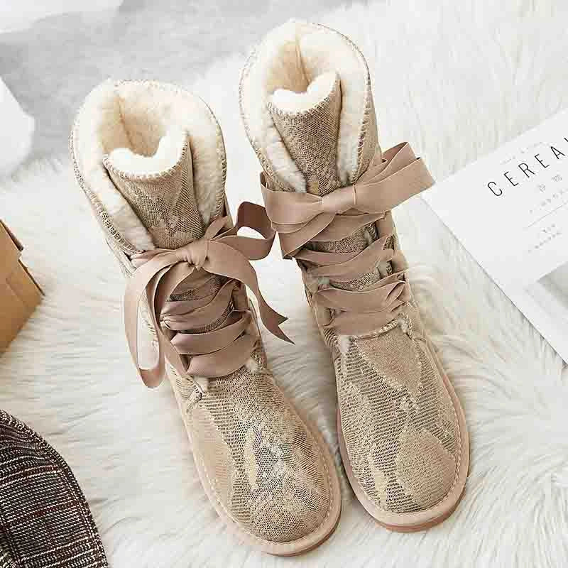 Bottes d'hiver femme montantes à lacets, doublure en laine