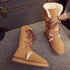 Bottes hautes d'hiver femme, doublure en laine, lacets en ruban, marron