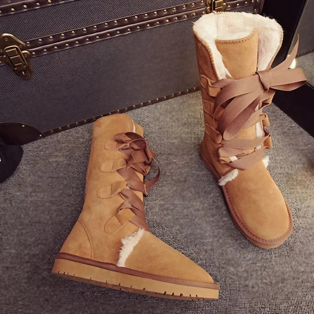Bottes hautes d'hiver femme, doublure en laine, lacets en ruban, marron