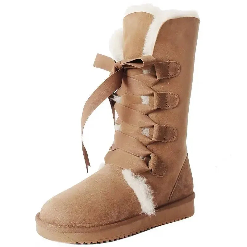 Bottes hautes d'hiver femme, doublure en laine, lacets en ruban