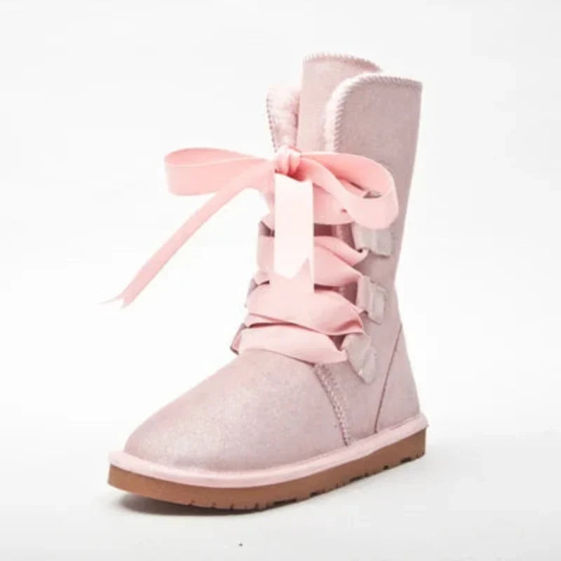 Bottes hautes d'hiver femme, doublure en laine, lacets en ruban