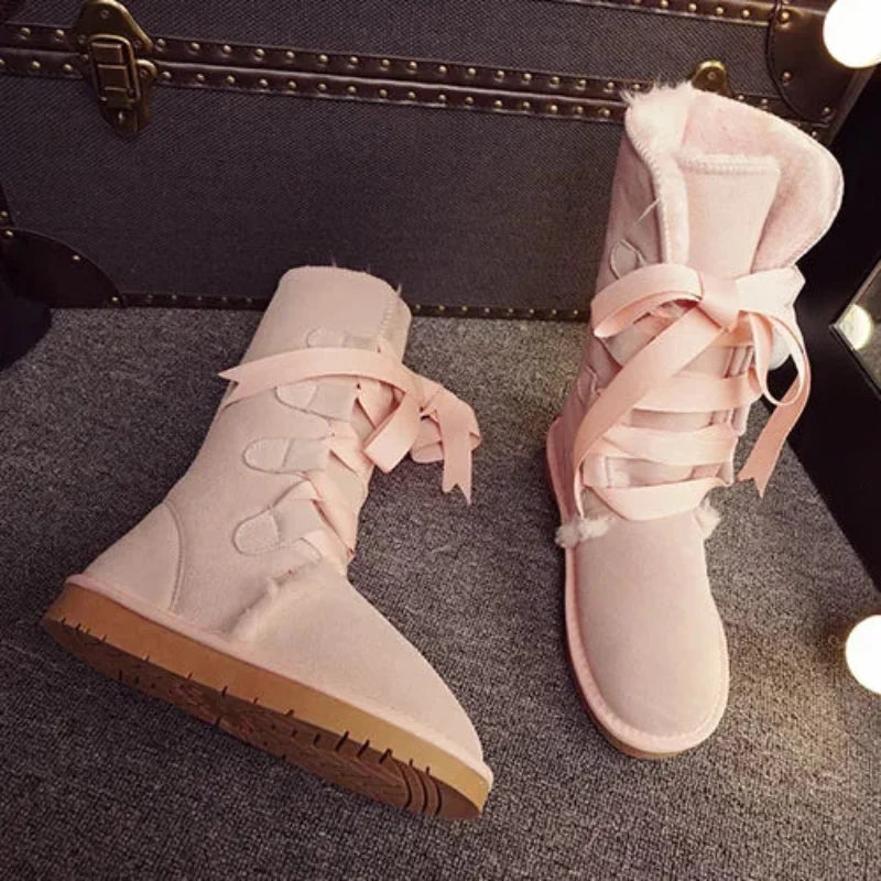 Bottes hautes d'hiver femme, doublure en laine, lacets en ruban, rose