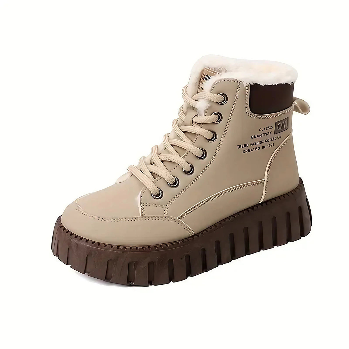 Bottines d'hiver femme doublées peluche, semelle épaisse, kaki