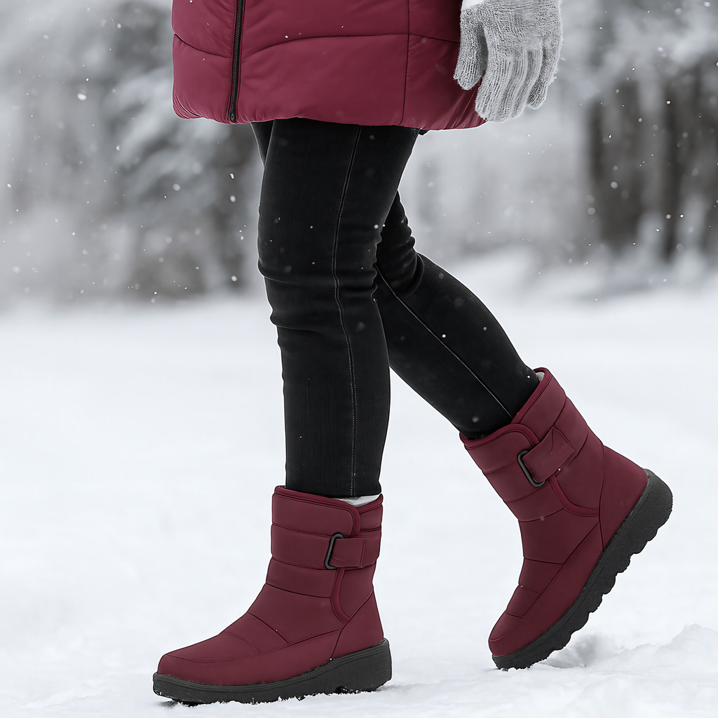 Bottes d'hiver femme matelassées, boucle latérale, semelle épaisse, rouge