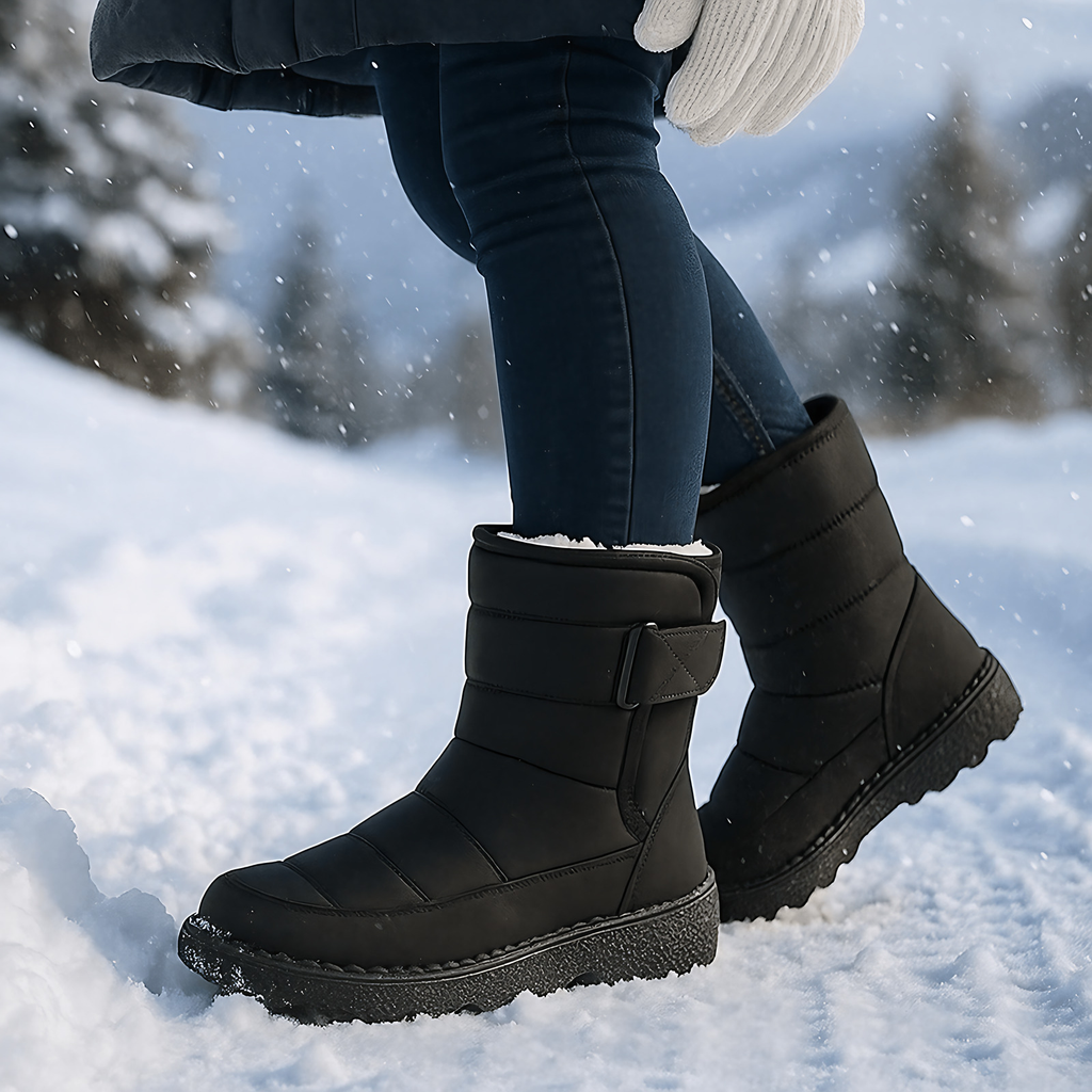 Bottes d'hiver femme matelassées, boucle latérale, semelle épaisse, noir