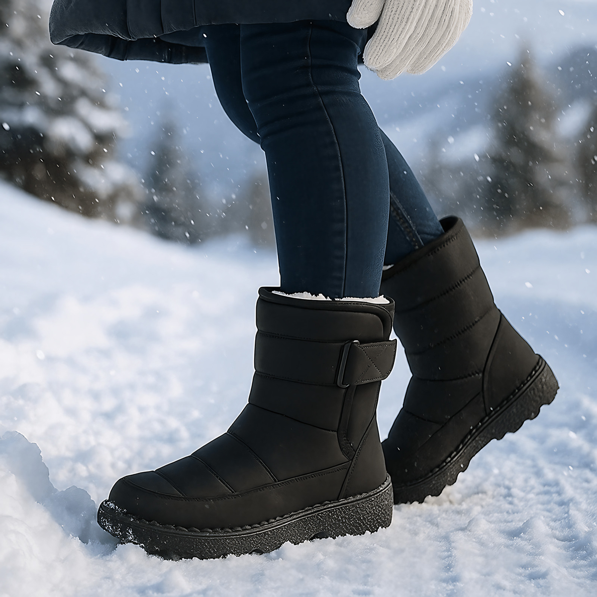 Bottes d'hiver femme matelassées, boucle latérale, semelle épaisse, noir