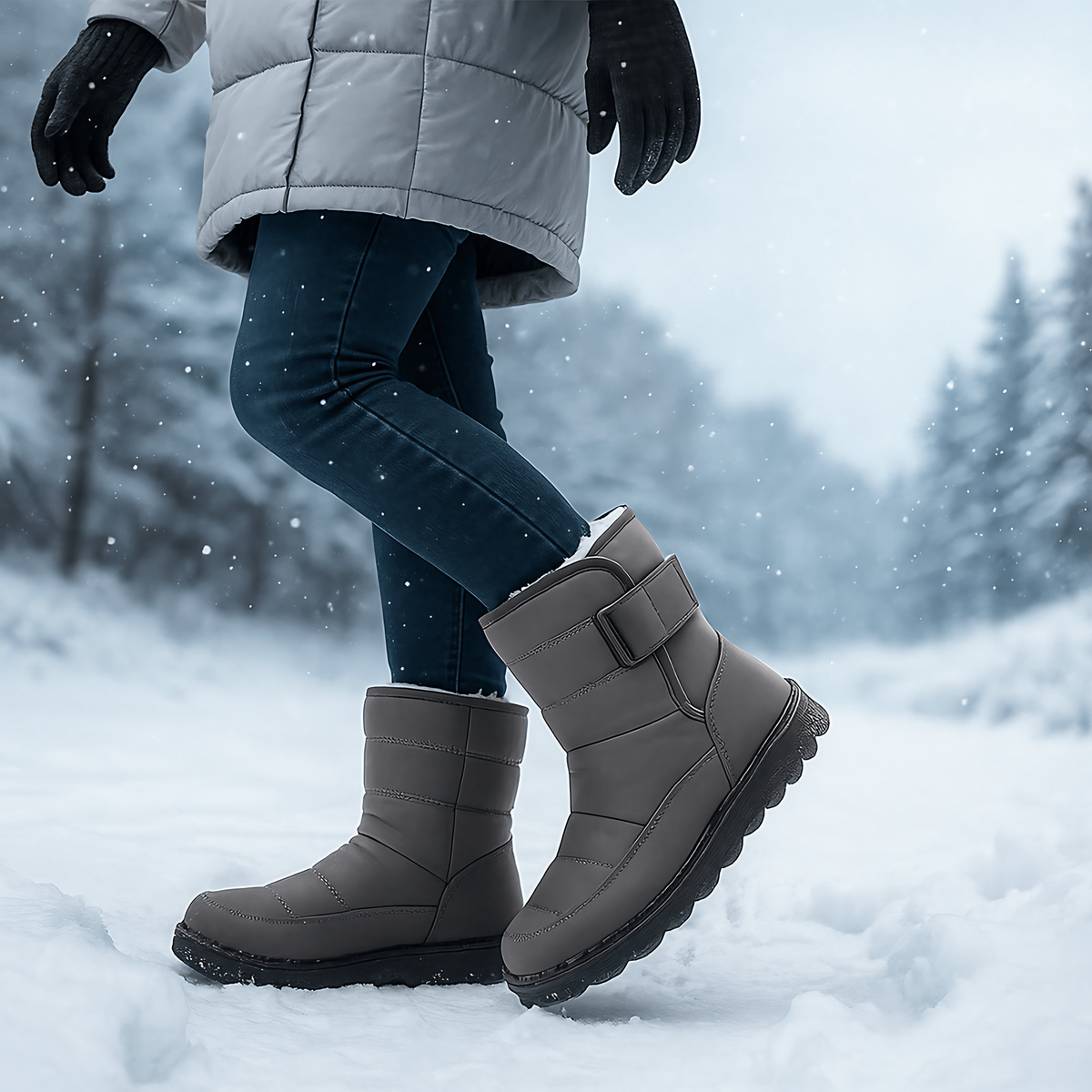 Bottes d'hiver femme matelassées, boucle latérale, semelle épaisse, gris
