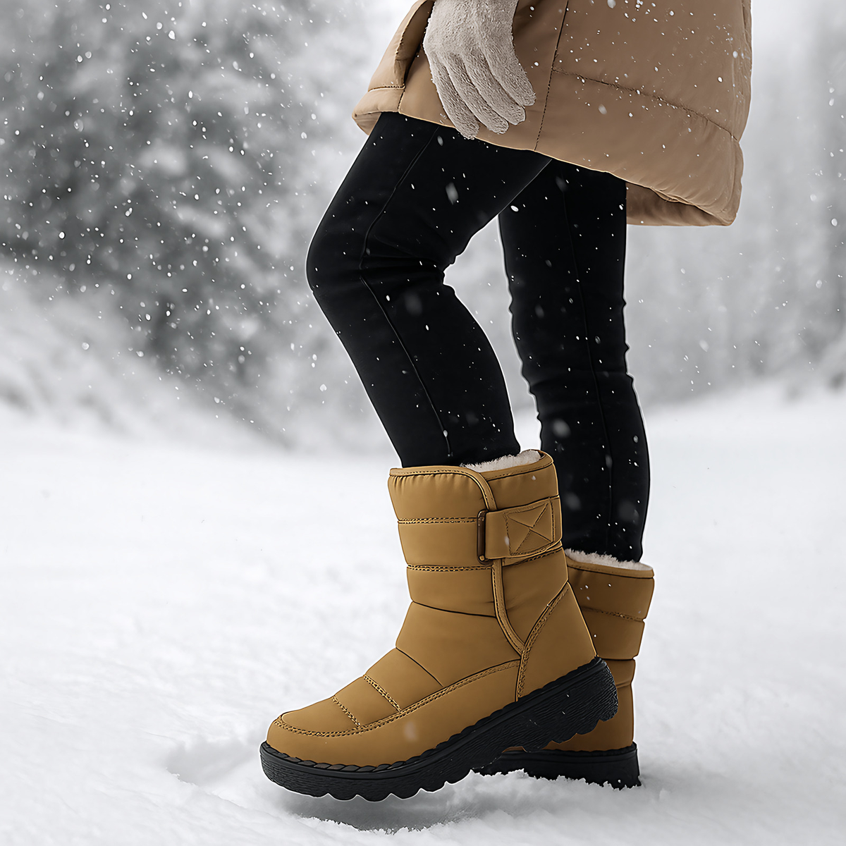Bottes d'hiver femme matelassées, boucle latérale, semelle épaisse, kaki