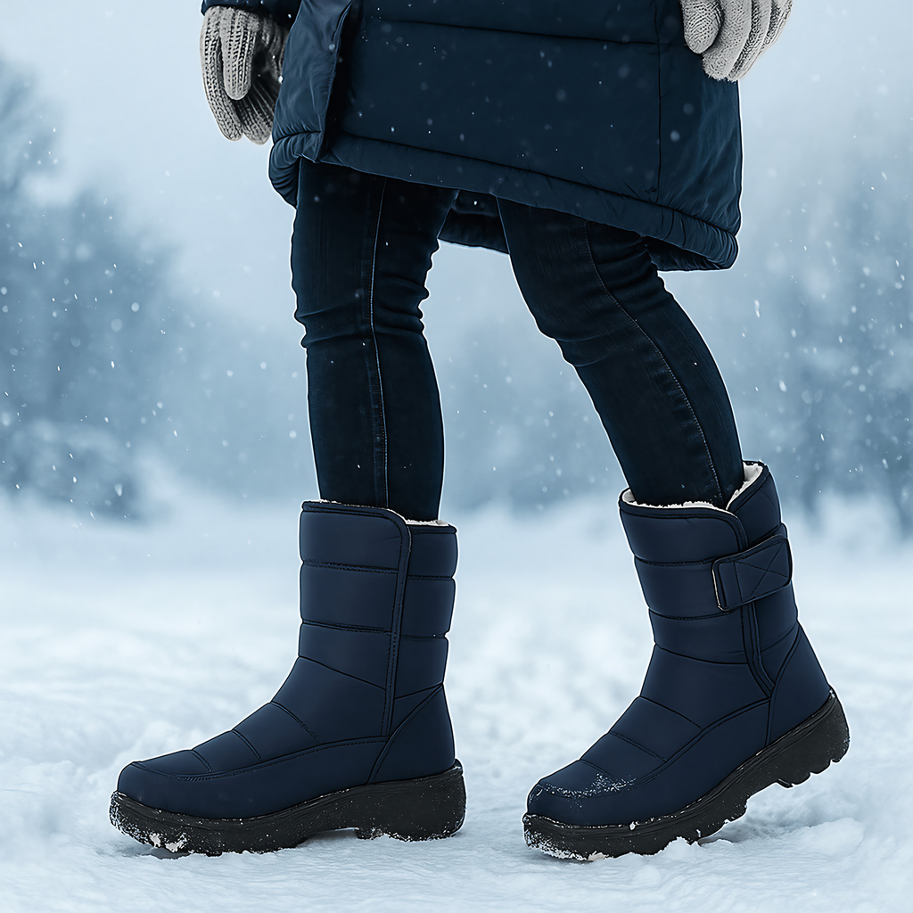 Bottes d'hiver femme matelassées, boucle latérale, semelle épaisse, bleu