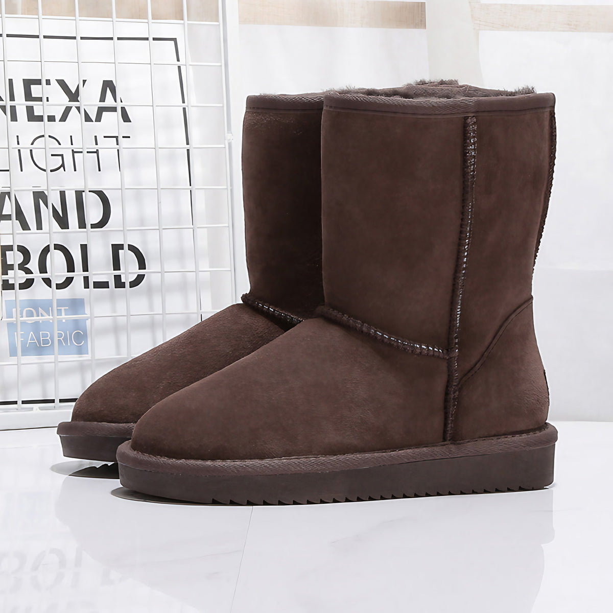Bottes d'hiver femme mi-mollet doublées, semelle plate, neuf coloris, chocolat