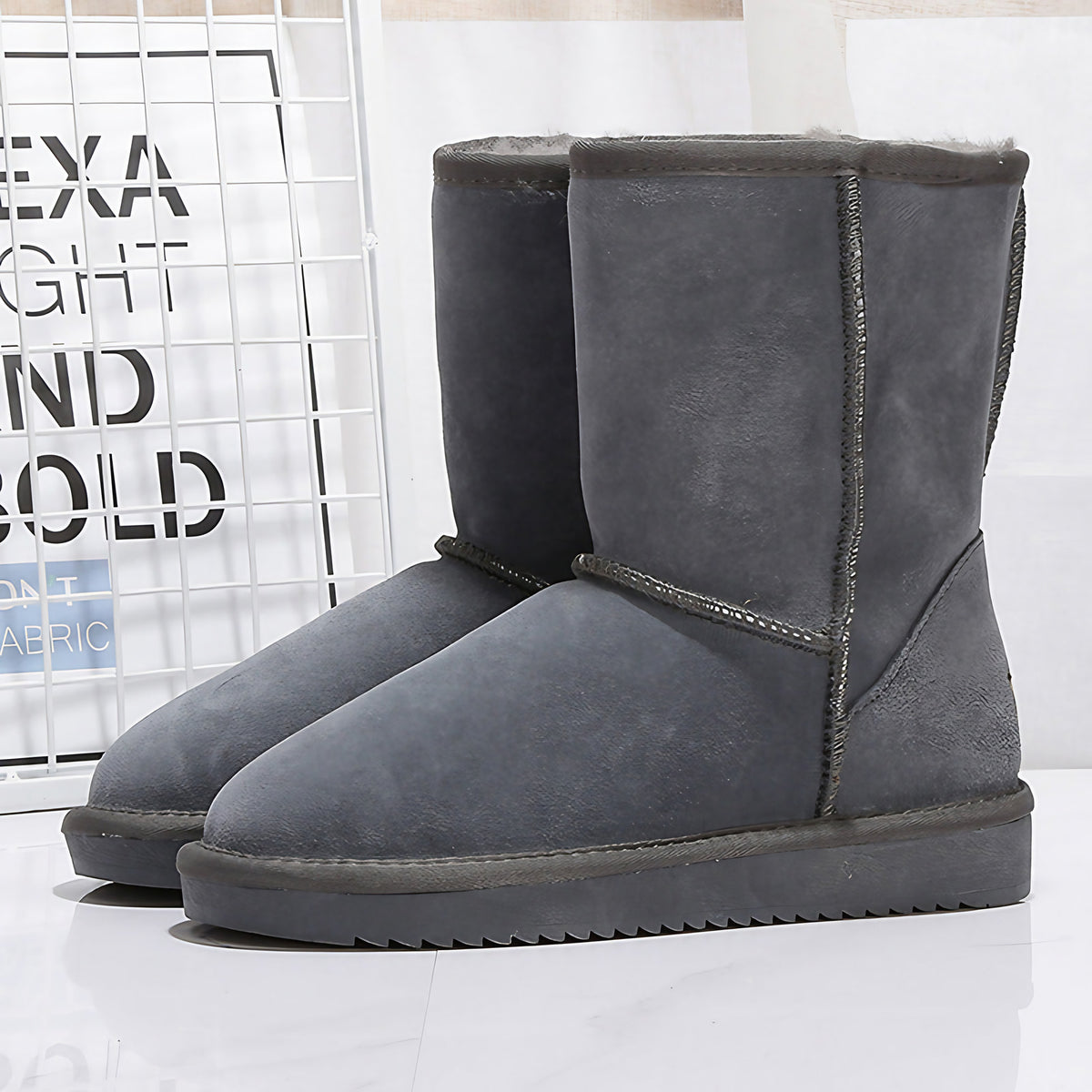 Bottes d'hiver femme mi-mollet doublées, semelle plate, neuf coloris, gris foncé