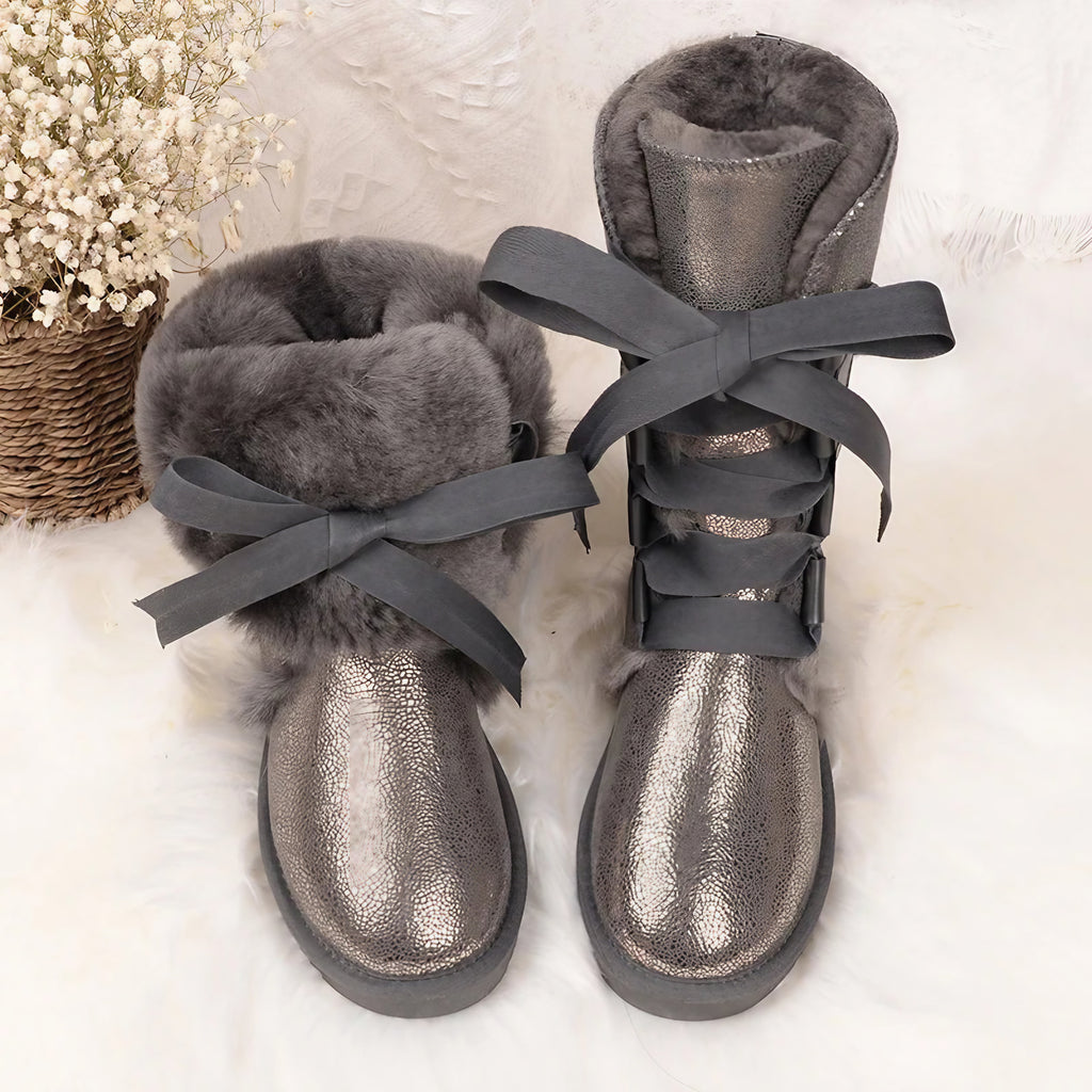 Bottes d'hiver femme hautes, doublure laine, semelle antidérapante, gris