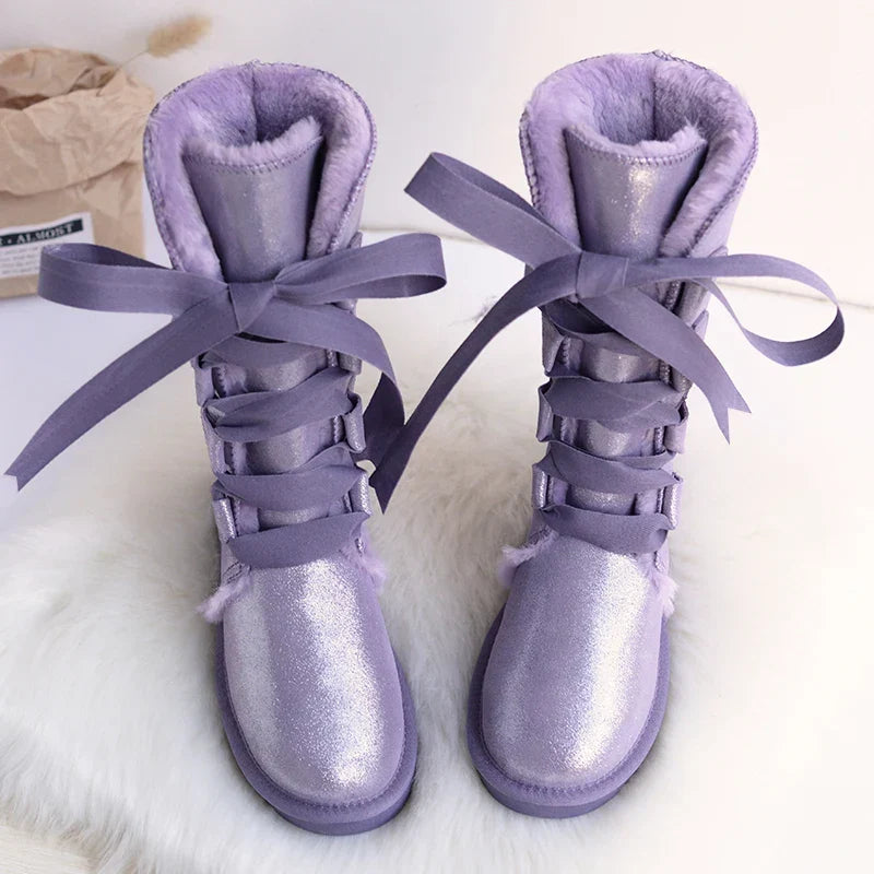 Bottes d'hiver femme hautes, doublure laine, semelle antidérapante, violet