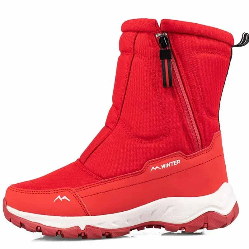 Bottes d'hiver imperméables à zip latéral, modèles femme et homme, rouge, modèle femme