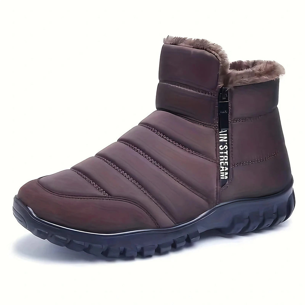 Bottes d'hiver imperméables mixtes, doublure pelucheuse, zip latéral, marron
