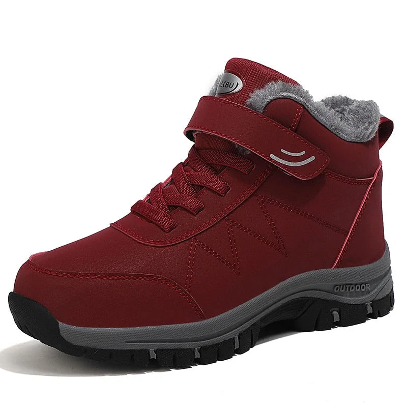 Bottes de neige unisexe doublées fausse fourrure, lacets et scratch, rouge