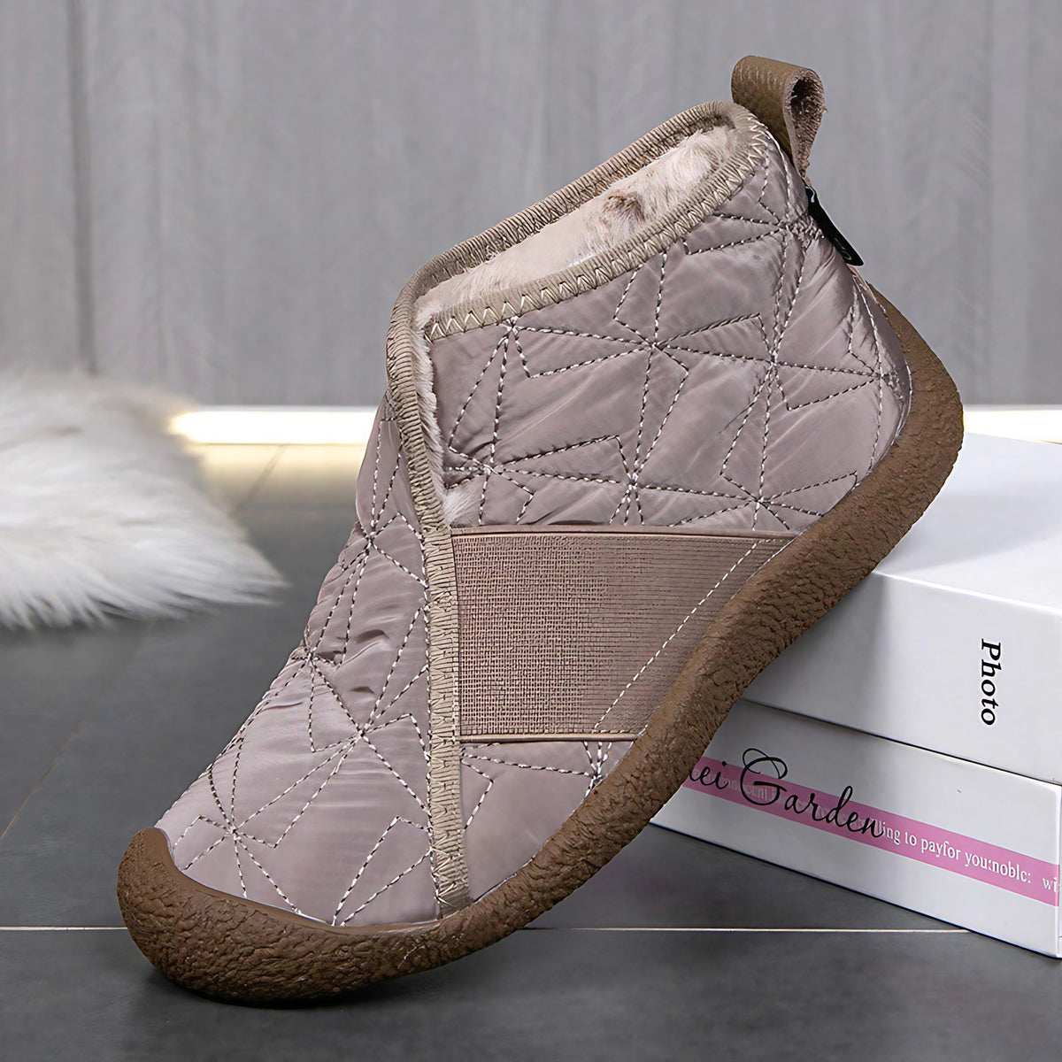 Bottes de neige femme matelassées, imperméables, doublure peluche, kaki