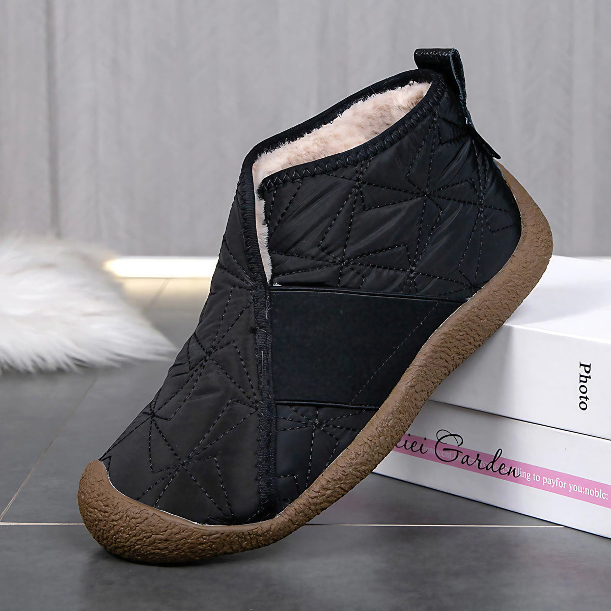 Bottes de neige femme matelassées, imperméables, doublure peluche, noir