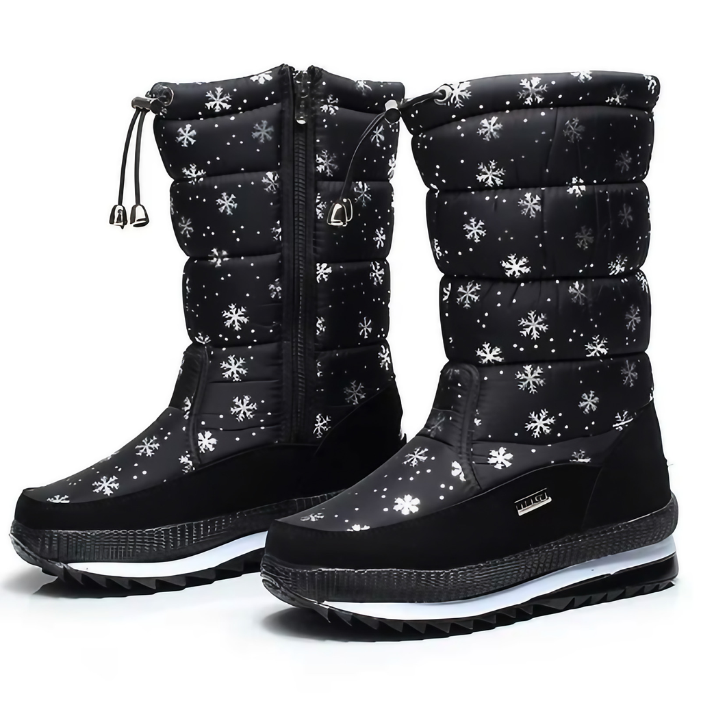 Bottes de neige femme imperméables, doublure chaude, zip, noir motif neige