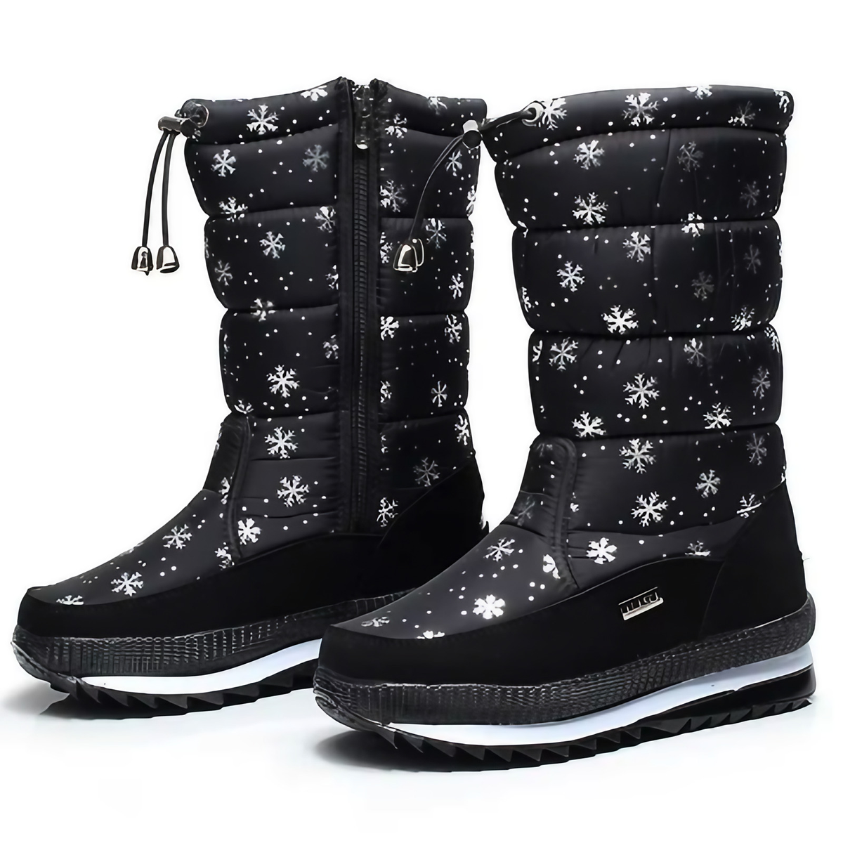 Bottes de neige femme imperméables, doublure chaude, zip, noir motif neige