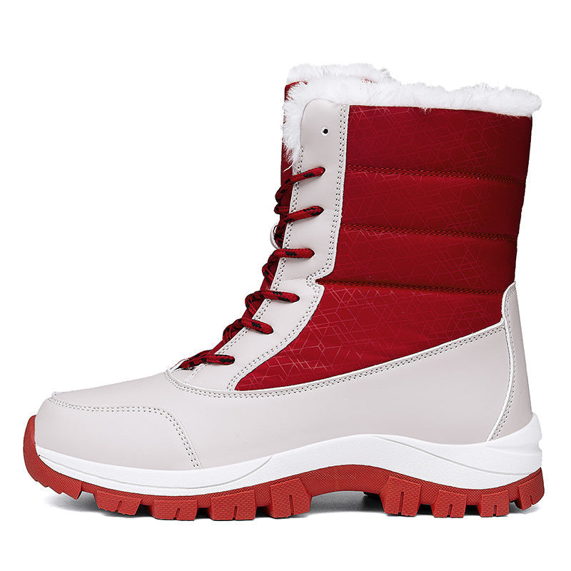 Bottes de neige femme à lacets, tige rembourrée, semelle crantée, rouge