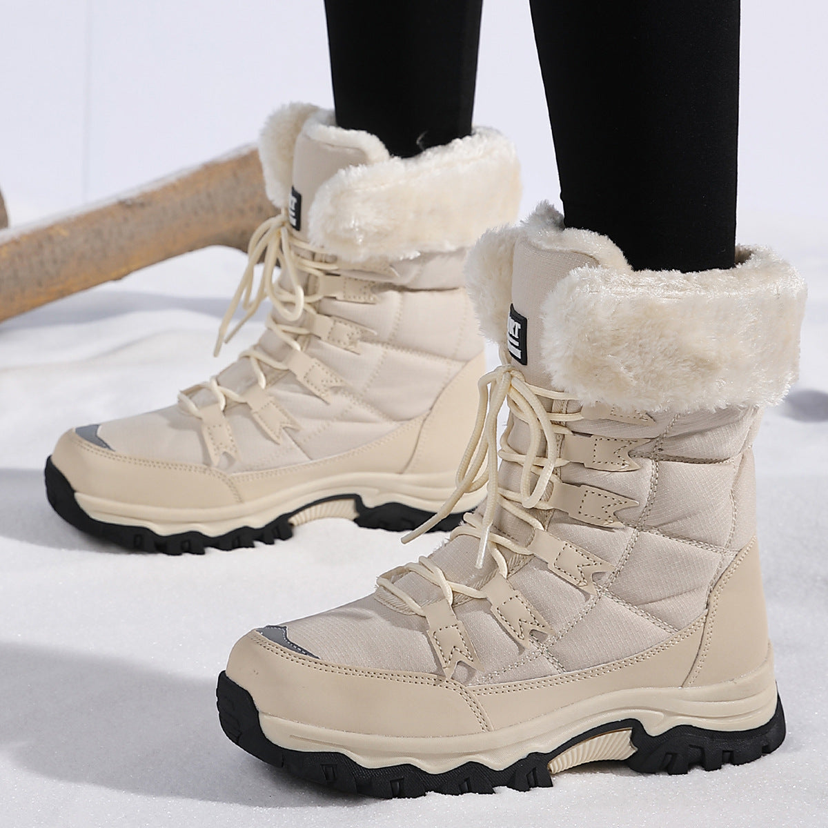 Bottes de neige femme à lacets, tige rembourrée, semelle crantée, beige