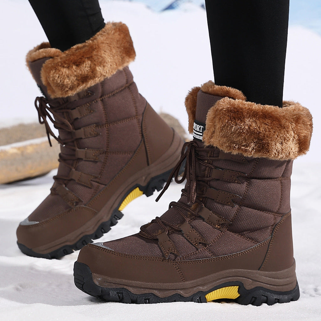 Bottes de neige femme à lacets, tige rembourrée, semelle crantée, marron
