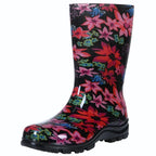 Bottes de pluie femme mi-mollet en PVC, semelle en caoutchouc, fleuri