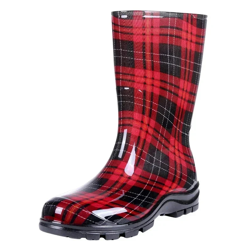 Bottes de pluie femme mi-mollet en PVC, semelle en caoutchouc, carreaux rouges