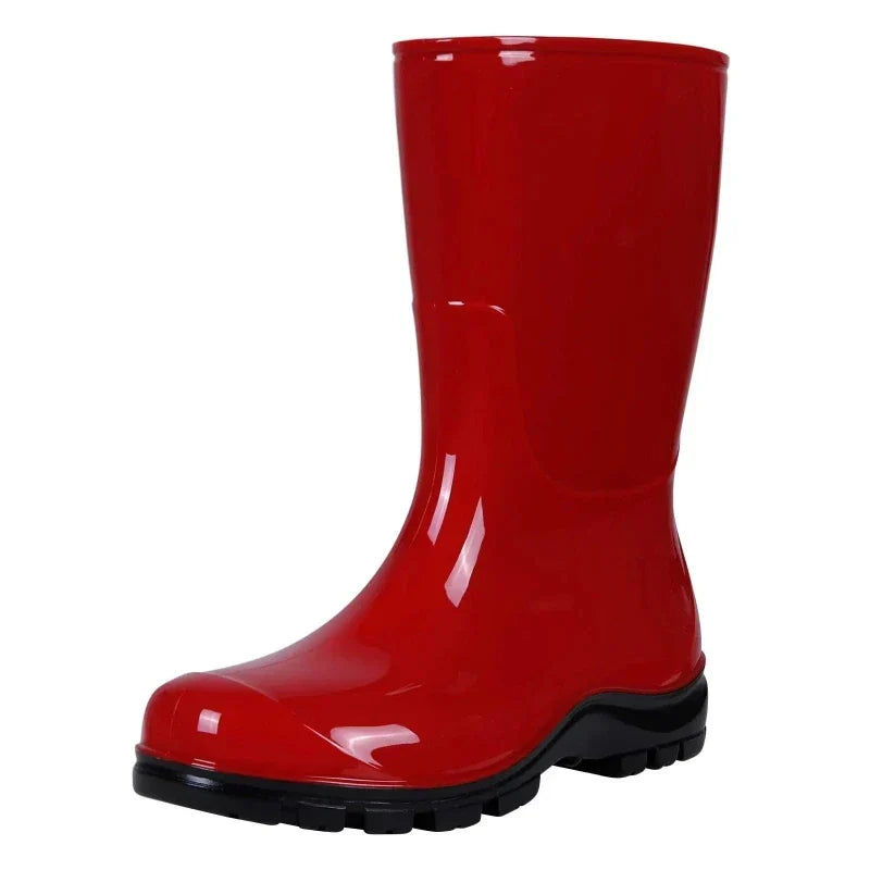 Bottes de pluie femme mi-mollet en PVC, semelle en caoutchouc, rouge