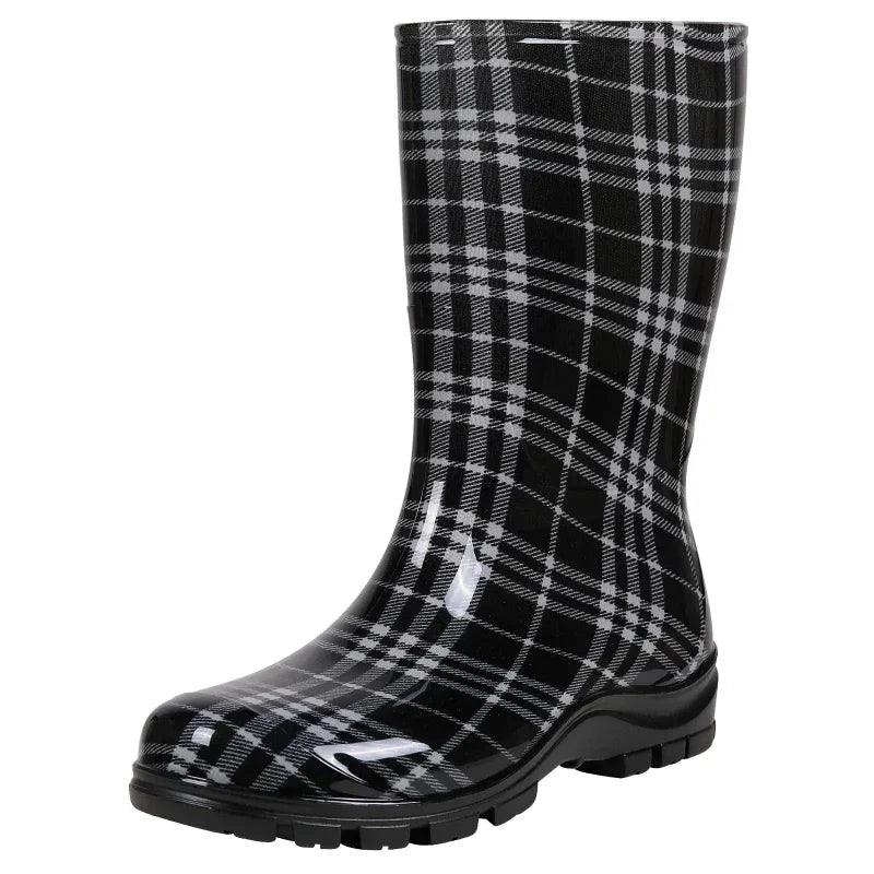 Bottes de pluie femme mi-mollet en PVC, semelle en caoutchouc, carreaux noirs