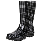 Bottes de pluie femme mi-mollet en PVC, semelle en caoutchouc, carreaux noirs