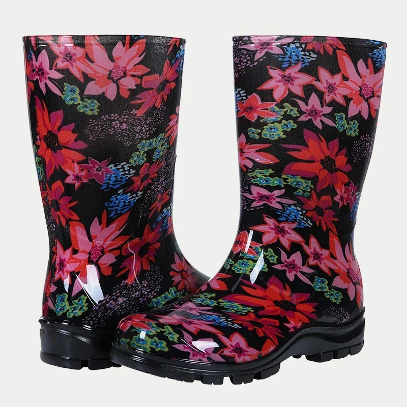 Bottes de pluie femme mi-mollet en PVC, semelle en caoutchouc