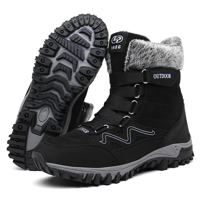 Bottines de randonnée d'hiver mixtes, doublure peluche, scratch, noir et blanc