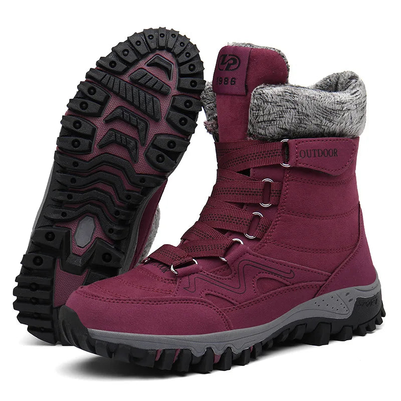 Bottines de randonnée d'hiver mixtes, doublure peluche, scratch, rouge