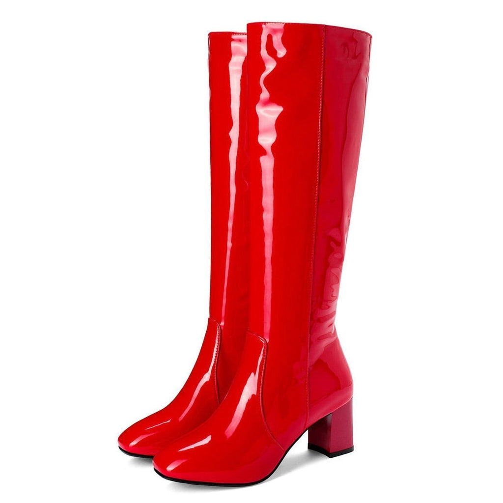Bottes vernies femme hauteur genou, talon bloc, bout rond