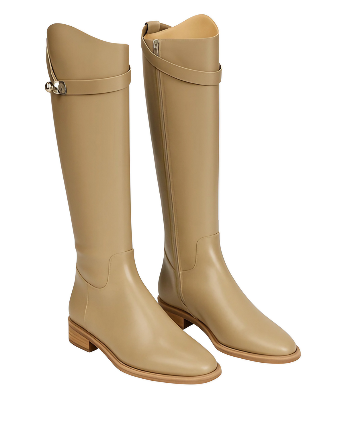 Bottes hautes femme sous le genou, talon bas, zip latéral, beige