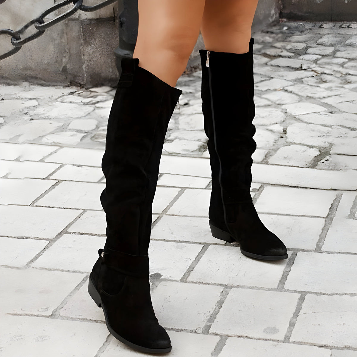 Bottes hautes femme à zip latéral, talon modéré, hauteur genou, noir